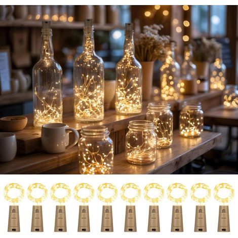 10er-Set Warmweißes Weinflaschenkorken-Lichter, 2m 20 LED Lichterketten, DIY Flaschenlichter für Weihnachten & Party
