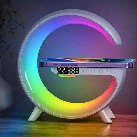 Cassa wireless con ricarica wireless rapida, illuminazione RGB sincronizzata sulla musica, pannello luminoso intelligente, sveglia con funzione alba progressiva, lampada per la camera da letto.