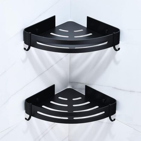 Etagere Salle de Bain Sans Percage, Étagère Murale Noire Douche Panier Rangement Angle Avec 4 Crochets Tablette D’angle Metal pour Rangement Douche, Étagère Cuisine (2 Niveaux) (1/2)