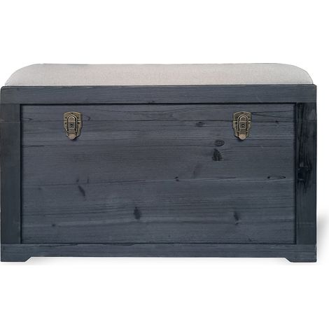 Cassapanca con cuscino in lino L. 80 x P. 40 x H. 53 cm Nero e beige - TURZA