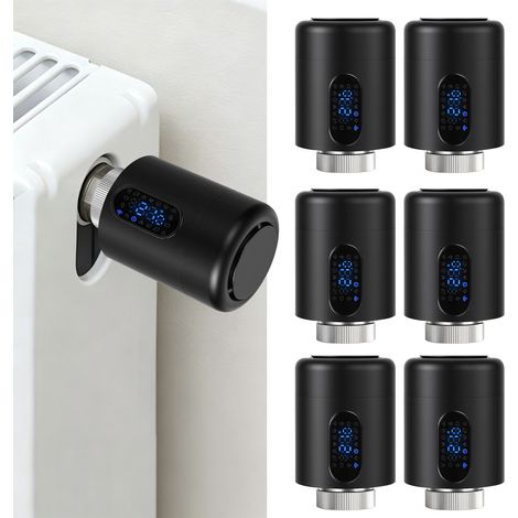 Randaco Smartes Heizkörperthermostat WiFi, App-Steuerung, Smart Life/Tuya, 7 Ventiladapter je Thermostat, Schwarz, 6er-Set (1/5)