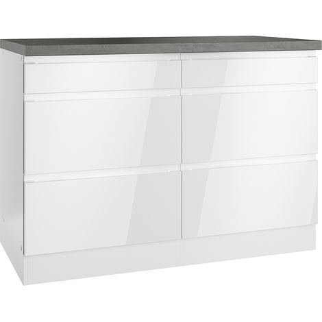 Unterschrank mit Schubladen 120 cm in Hochglanz weiß, Arbeitsplatte Betonoptik MARSEILLE-03 (1/5)