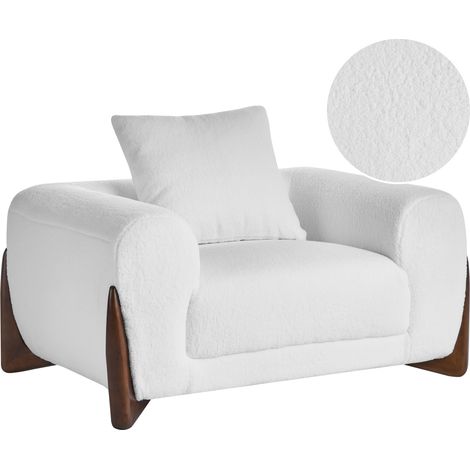 Sillón tapizado de bouclé con reposabrazos patas de madera sala de estar moderno blanco Vinliden