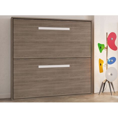 Lit superposé escamotable 90x200 cm Aurelia - Matelas 2 matelas 90x200cm - Coffrage Blanc - Façade Wengué (1/5)
