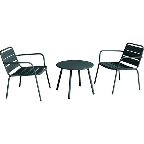Salotto da giardino in metallo - 2 poltroncine basse impilabili e un tavolino - Verde abete - MIRMANDE di MYLIA