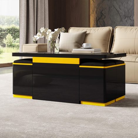 Table basse relevable et extensible multifonction noire brillante, convertible en table à manger avec 4 poufs de rangement, meuble salon gain de place (1/5)