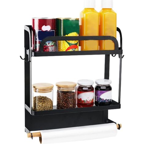 Étagère magnétique pour frigo, 3 niveaux avec porte-essuie-tout et 4 crochets, organiseur d'épices et condiments, noir (1/5)