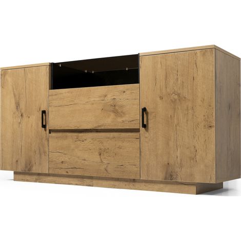 Credenza effetto rovere con 2 cassetti, 2 armadi e vano aperto, 140 x 40 x 70 cm (1/5)