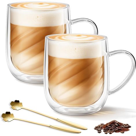 Lot de 2 verres à latte macchiato - 350 ml - Verres isothermes à double paroi en verre borosilicate avec anse et cuillère - Pour cappuccino, thé, expresso, lait et boissons chaudes (1/5)