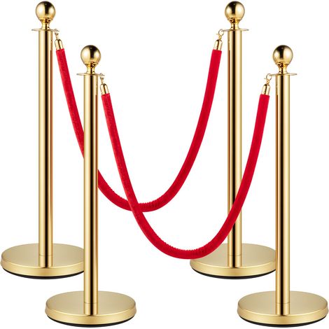 Cordon de velours rouge et poteaux dorés, 1,5 m, avec boule en acier inoxydable, barrière de foule pour théâtre, fête, mariage, exposition, billetterie, lot de 4.