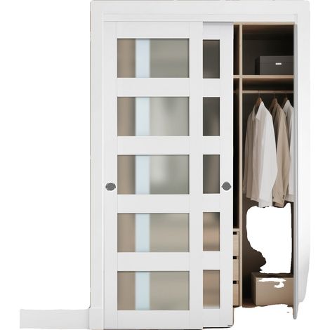 Puerta corredera para armario VEVOR, 1829 mm x 2032 mm, 3 paneles de vidrio esmerilado, madera maciza, MDF, PVC impermeable, puerta de armario-a, 48 x 80 pulgadas. (1/2)