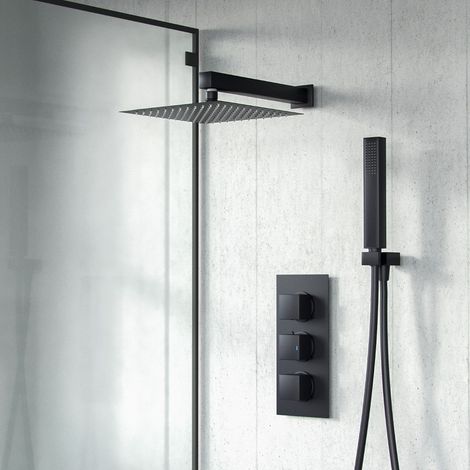 Temel Square Shower Head Concealed Thermostatic Mixer Valve, Handset & Shower Head Matte Black (1/5)
