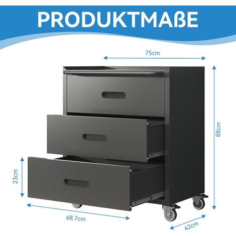 Armoire à outils métallique mobile de haute qualité, 3 tiroirs, 75 × 42 × 88 cm, noir/gris, pour garage, bureau et maison (1/5)