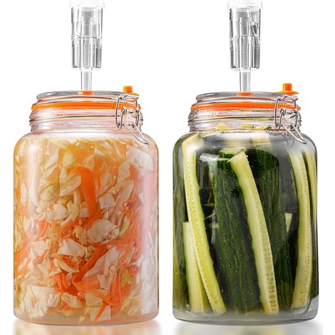 TransparentLot de 2 bocaux de fermentation de 1,3l - Avec valve de fermentation et poids - Kit de démarrage de fermentation - Bocal à kéfir avec couvercle - Pour choucroute, kimchi, kombucha et pics (1/5)