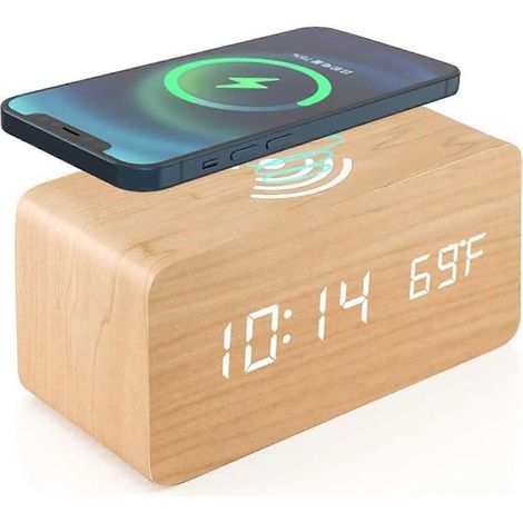 Réveil numérique en bois pour la chambre, doté d'un chargeur sans fil, d'une horloge LED, d'un affichage à commande vocale et de l'heure/date/température (en bambou). (1/5)