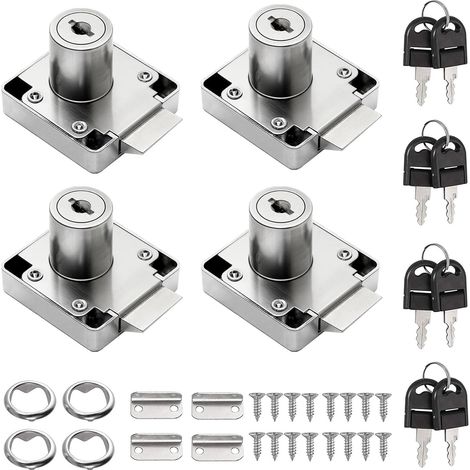 Set mit 4 Büroschubladenschlössern inklusive Schlüsselzubehör, Möbelschloss, Nockenschloss aus Zinklegierung zum Schließen von Schränken (silber)
