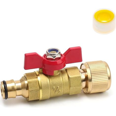 Connecteur Tuyau Arrosage Laiton avec Vanne et 1 Ruban Brut, Laiton Valve D'arrêt D'eau Rapide en Ligne, Raccords Tuyau Rapides Vanne, pour Tuyau D'arrosage 1/2 à 3/4 et Réservoir D'eau (1/5)