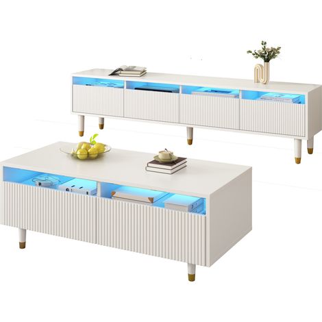 Ensemble meuble TV LED blanc et table basse à 2 tiroirs, design vague, rangements fermés, LED 7 couleurs, effet acrylique - CHICFURN (1/5)