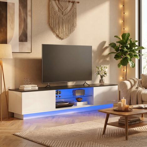 Meuble TV 150 cm - avec Éclairage LED Réglable 2 Portes sans Poignées et Étagère en Verre Trempé pour Écran jusqu'à 75" - Style Contemporain - blanc