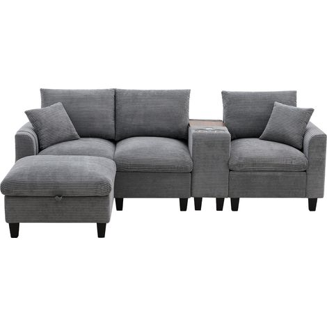 Divano angolare modulare L grigio in tessuto corduroy con consolle e pouf MODENUIT (1/5)