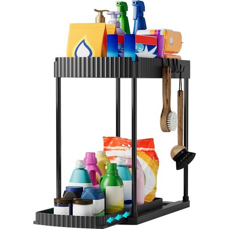 Organisateur Sous Évier Coulissant, 2 Niveaux, 5 Crochets, Noir (1/5)