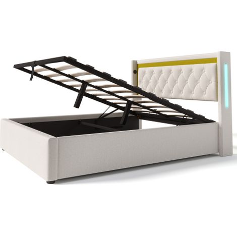 Polsterbett LED Doppelbett Stauraum Bettkasten mit USB Typ C Ladefunktion Kopfteil,Stauraumbetten Bettgestell aus Baumwolle Jugendbett(Ohne Matratze)