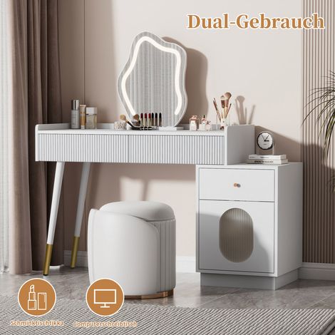 Coiffeuse avec miroir LED et éclairage - Ensemble coiffeuse blanche pour chambre à coucher avec trois tiroirs spacieux et une porte (sans tabouret)