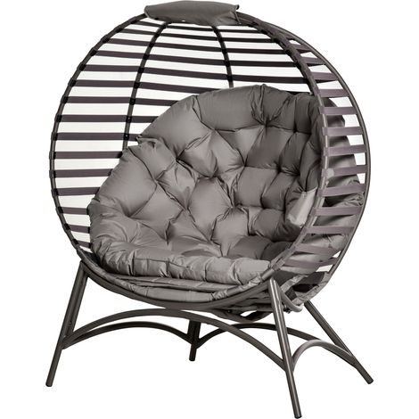 Fauteuil Papasan osier 2 pièces avec coussin, fauteuil lounge ovale pliable, intérieur/extérieur, marron sable, acier, 118x75x139 cm