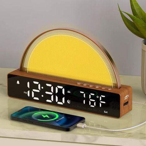 Réveil lumineux, lampe de chevet, lampe de table à intensité variable avec 10 sons pour favoriser le sommeil, fonction snooze, minuteur, affichage de la température, station de charge USB, cadeau de N