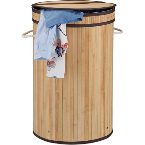 Relaxdays Panier à linge bambou, pliable, Corbeille à linge ronde, 65 L, Sac à linge, Ø 40 cm, nature