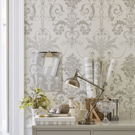 Papier peint intissé à motif damassé gris tourterelle et blanc – Raccord droit 64cm – 10m x 52cm – Entretien facile avec éponge humide – Laura Ashley