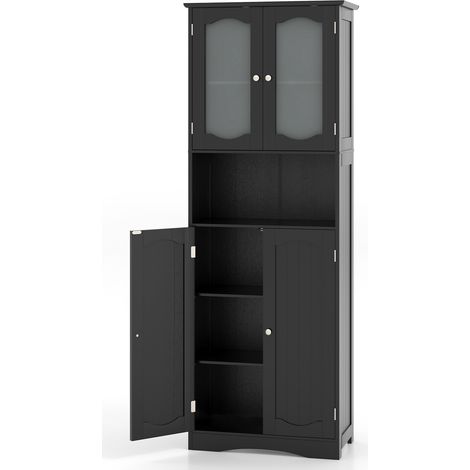 Armoire de rangement noire en MDF avec 2 portes en verre givré et étagères réglables pour salle de bain, chambre et entrée (1/5)