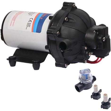 24-V-Membranpumpe mit 5 Kammern, selbstansaugend, 5,5 GPM (21,9 l/min) Fördermenge, 70 PSI (4,5 bar) Druck, inklusive Wasserfilter und Schlauchanschlüssen