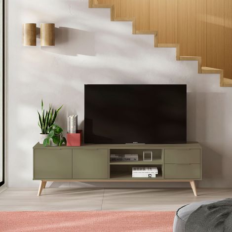 Meuble TV 2 portes 2 tiroirs 180x40x53 cm en pin kaki - KLIMEA