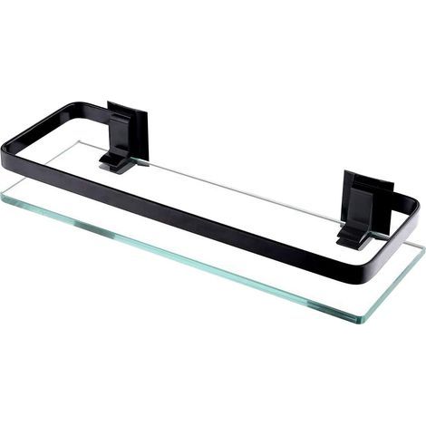 Bathroom Glass Shelf Aluminum Black Shower Shelf Extra Thick Tempered Glass Rectangular 1 Tier Basket Wall Mounted (1/5)
