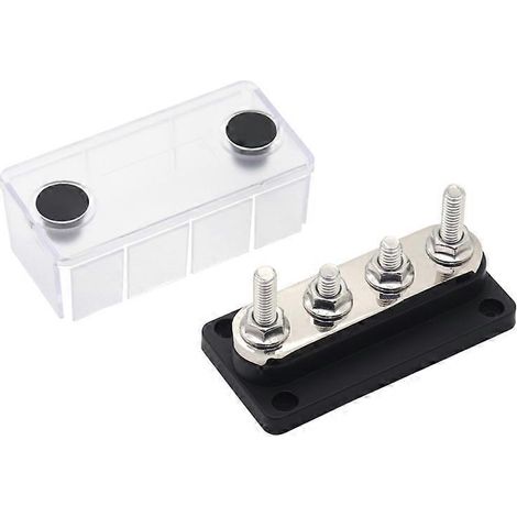 Barre de distribution négative 300A 48V, bloc 4x bornes M8 (5/16'), pour systèmes électriques 48V, panneaux solaires et batteries. (1/4)