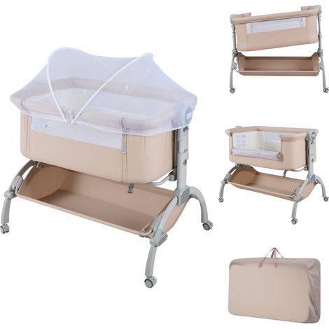Cuna ajustable con ruedas, color beige, 7 niveles de altura (1/5)