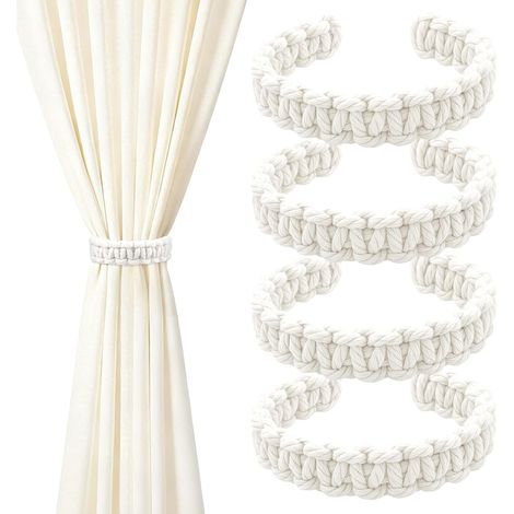 4er-Set gewebte Gardinenhalter, Boho-Stil, Landhausstil, geeignet für Schlafzimmer, Büro und Wohnzimmer (Weiß)