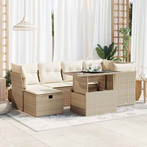 Salon de jardin avec coussins 7 pcs beige résine tressée (1/5)