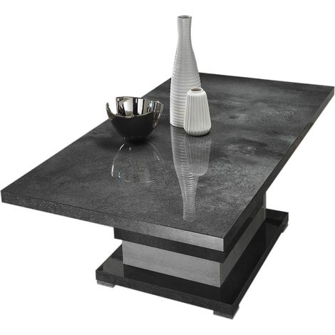 Altobuy – Table basse fixe 120x65cm – Pied central en acier chromé – Revêtement mélaminé gris effet pierre – Finition brillante (1/3)