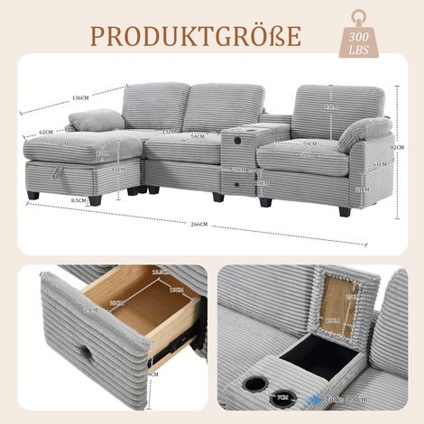 Grand canapé velours côtelé avec mousse confortable,console amovible,USB-C,poche latérale,tiroir de rangement et ottoman mobile.-Lu