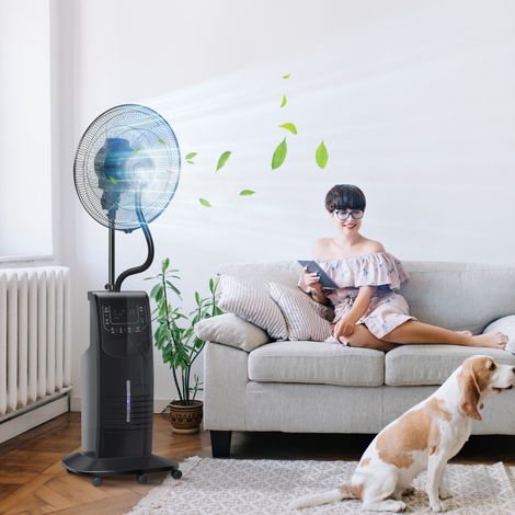 Ventilateur brumisateur avec télécommande de 5 m. Minuteur 12 h et oscillation à 70°. 3 vitesses. 3 fonctions et répulsif anti-moustiques. Réservoir de 3,1 L. 90 W. 44,5 x 135 cm. Noir.