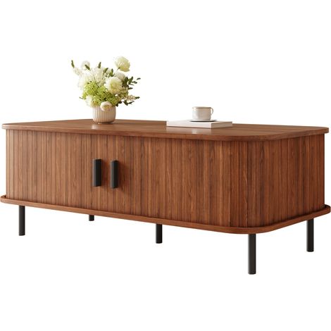 Table basse rectangulaire avec portes coulissantes et rangement caché, plateau arrondi, design moderne à lamelles verticales, bois foncé, CHICFURN (1/5)