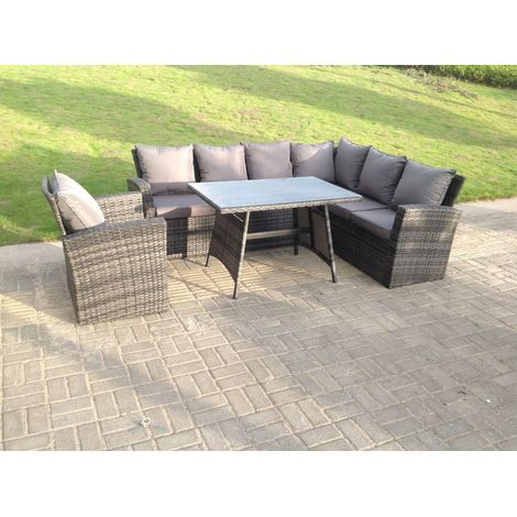 Fimous 7 Seater High Back Rattan Garden Furniture Set Corner Sofa With Oblong Dining Table And Chair Set (1/4)