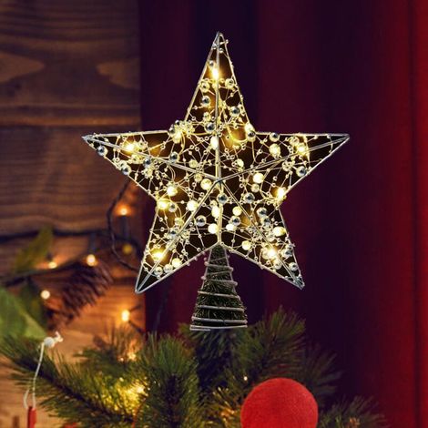 Étoile lumineuse pour Sapin de Noël 25 cm Argent – Cime d’arbre Métal Pailleté avec 20 LED Chaudes, Décoration Intérieure de Fête (1/5)