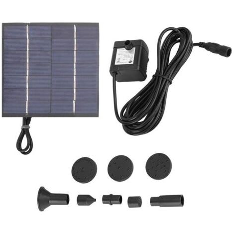 1,4-W-Solarbrunnen, Solarbrunnenpumpe mit 5 verschiedenen Düsenköpfen, 2 Saugscheiben für Vogeltränken, Aquarien und kleine Teiche sowie zur Wasserzirkulation und Sauerstoffzufuhr. (1/4)