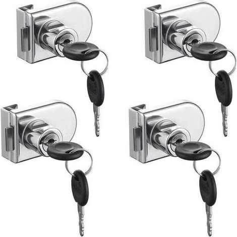 Serrure de Porte en Verre, 4 pièces Serrures à Came, Verrouillage de Sécurité de la Vitrine de l'armoire de Porte en Verre pour Porte en Verre de 5-8 mm Sans Perçage ( avec 8 clés) (1/4)