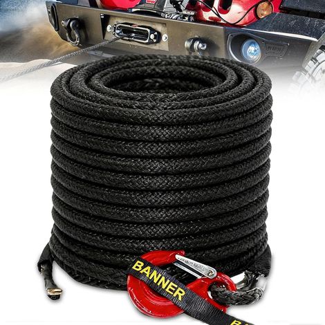 Corde de Remorquage pour Voiture, Corde de Treuil 15M Long 8MM Diamètre Cable Synthétique 12 Torons Câble en Plastique 13228 Livre Câble de Remorque avec Crochet Métallique pour SUV Camion UTV, Noir (1/5)