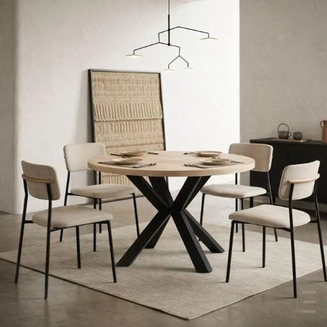 Table de salle à manger ronde extensible RAL avec pieds en bois, style loft, industriel, diamètre : 90 / 140 cm, couleur :sobre / noir (1/5)