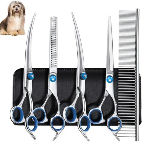 Ciseaux Toilettage Chien, Kit en Acier Inoxydable avec Embouts de Sécurité Ronds, y Compris Ciseaux à Effiler, Ciseaux Courbes, Ciseaux Droits, Peigne, Bleu (1/5)